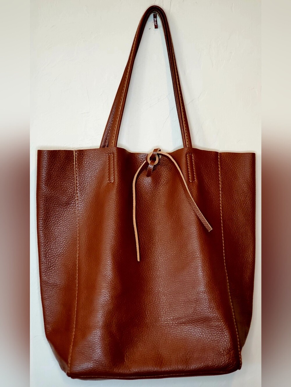 Italian Leather Shoulder Tote  Bag Brown 14.5" H, 11" W, 5.5" D, 9.5" Bag Drop